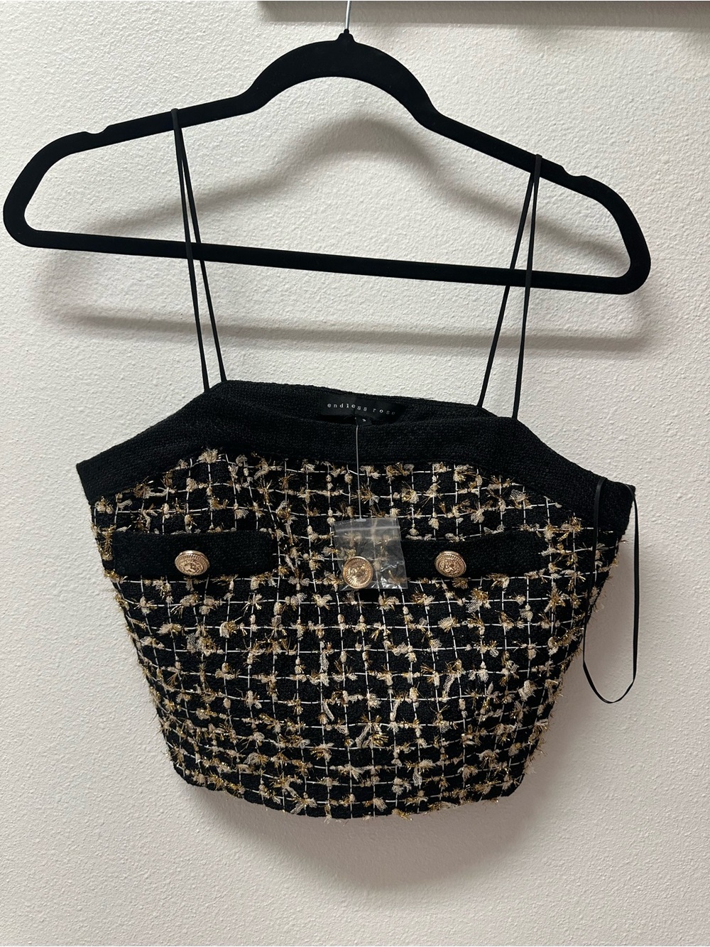 Endless Rose Black and Gold Tweed Camisole with Button Detail